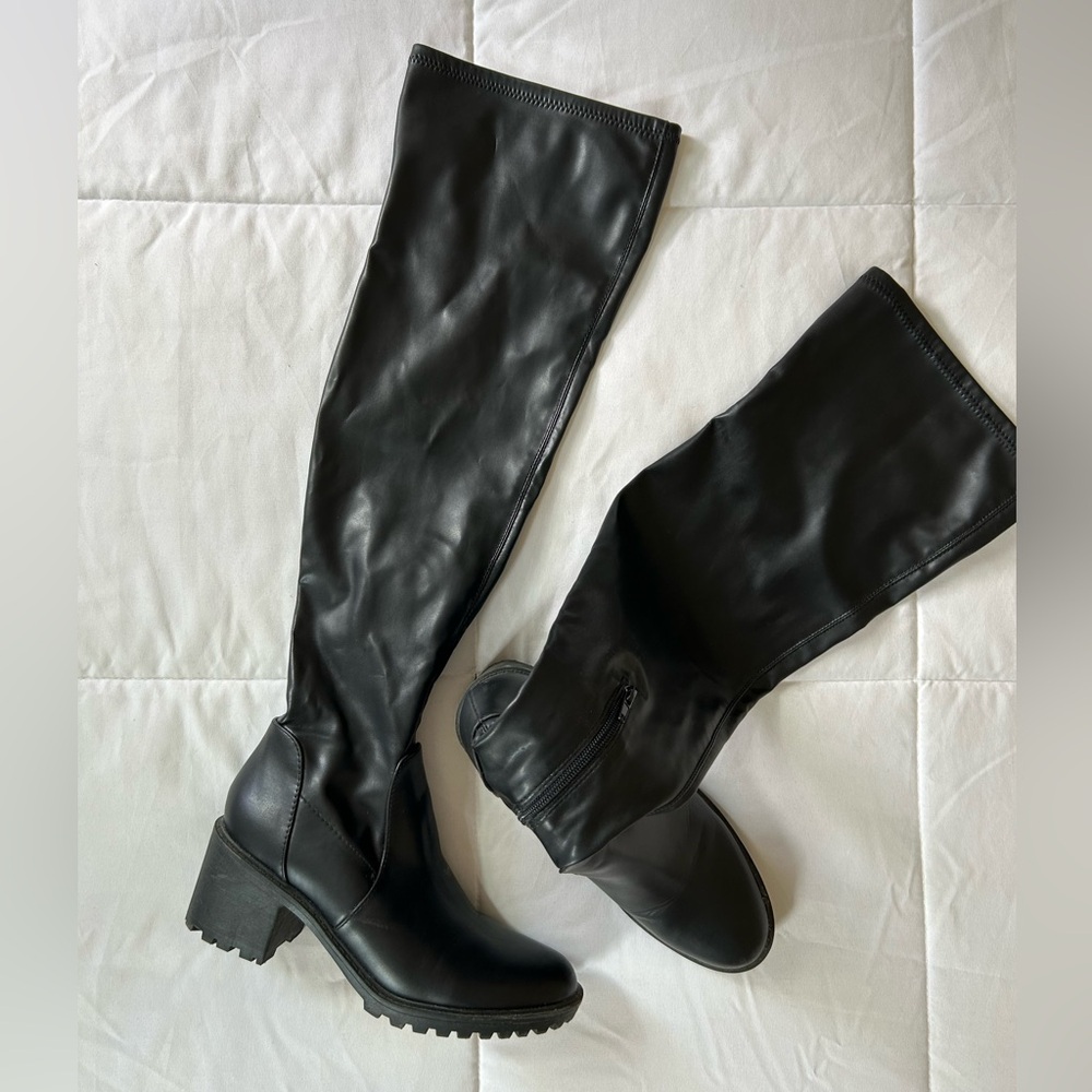 XOXO Over The Knee Black Stretch Faux Leather Low Block Heel Boots